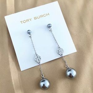 Tory Burch silver logo + double pearl earrings
